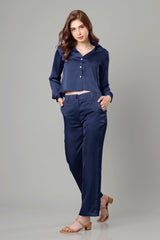 Luxurious Navy Blue Croped Shirt Co-Ord Set For Women