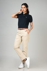 Women's Navy Blue Hidden Placket Polo T-Shirt