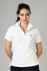 Women's White Hidden Placket Polo T-Shirt