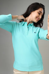 Women's Arctic Blue Long Sleeve Polo T-Shirt