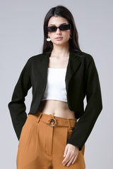 Solid Black Copped Luxe Jacket For Women