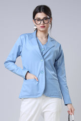 Formal Steel Blue Notched Collar Jacket For Women
