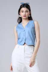 Steel Blue V-Neck Sleeveless Waistcoat For Women