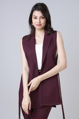 Wine Purple Tie Up Waist Sleeveless Jacket