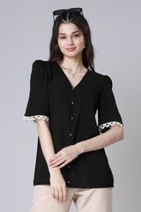 Plain Black Laced V Neck Top For Women