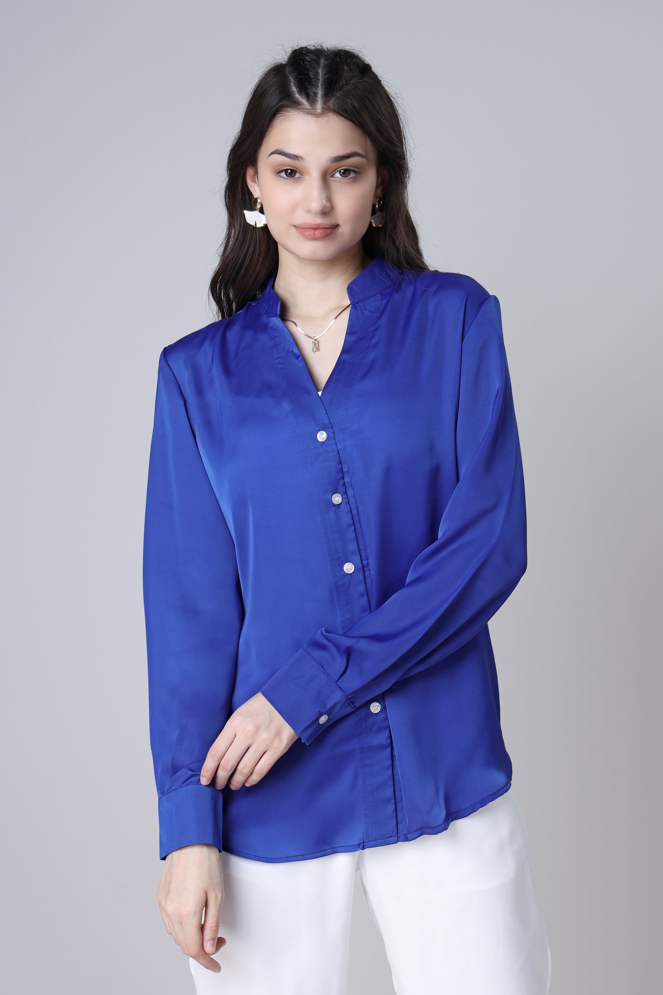 Womens Royal Blue Spread Collar Casual Shirt Womens Royal Blue Spread Collar Casual Shirt
