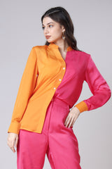 Two Tone Button Down Casual Satin Shirt