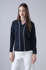 Women Navy Blue Solid Formal V Neck Top