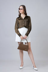 Plain Pecan Brown Luxurious Satin Shirt For Women