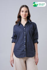 Navy Blue Plain Spread Collar Casual Cotton Shirt