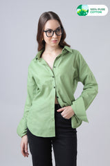 Olive Green Plain Spread Collar Casual Cotton Shirt