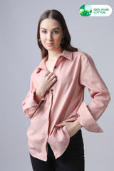 Pink Plain Hidden Placket Casual Cotton Shirt