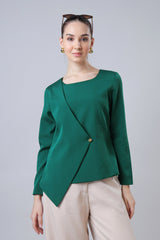 Formal Solid Pine Green Overlap Top For Women's