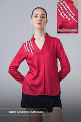 Exclusive Women's Stone And Pearl Hand Embellish Work Top
