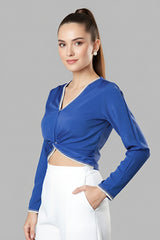 Royal Blue Motif Handwork Soild Cropped Twisted Knot Top