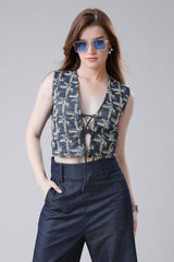 Exclusive Denim Embroidery Work String Sleevess Girls Jacket