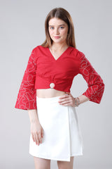 Red Embroidery Thread Work Full Sleeve Cotton Top For Women