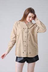 Premium Hand Thread Work Ruffle Cotton Shirt For Women