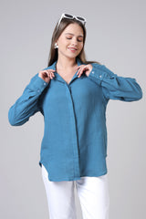 Midnight Blue Lightweight Pure Cotton Double Cloth Shirt For Women