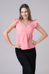 Rose Pink Soft Luxe Pure Cotton Flutter Sleeve Double Cloth Womens Top