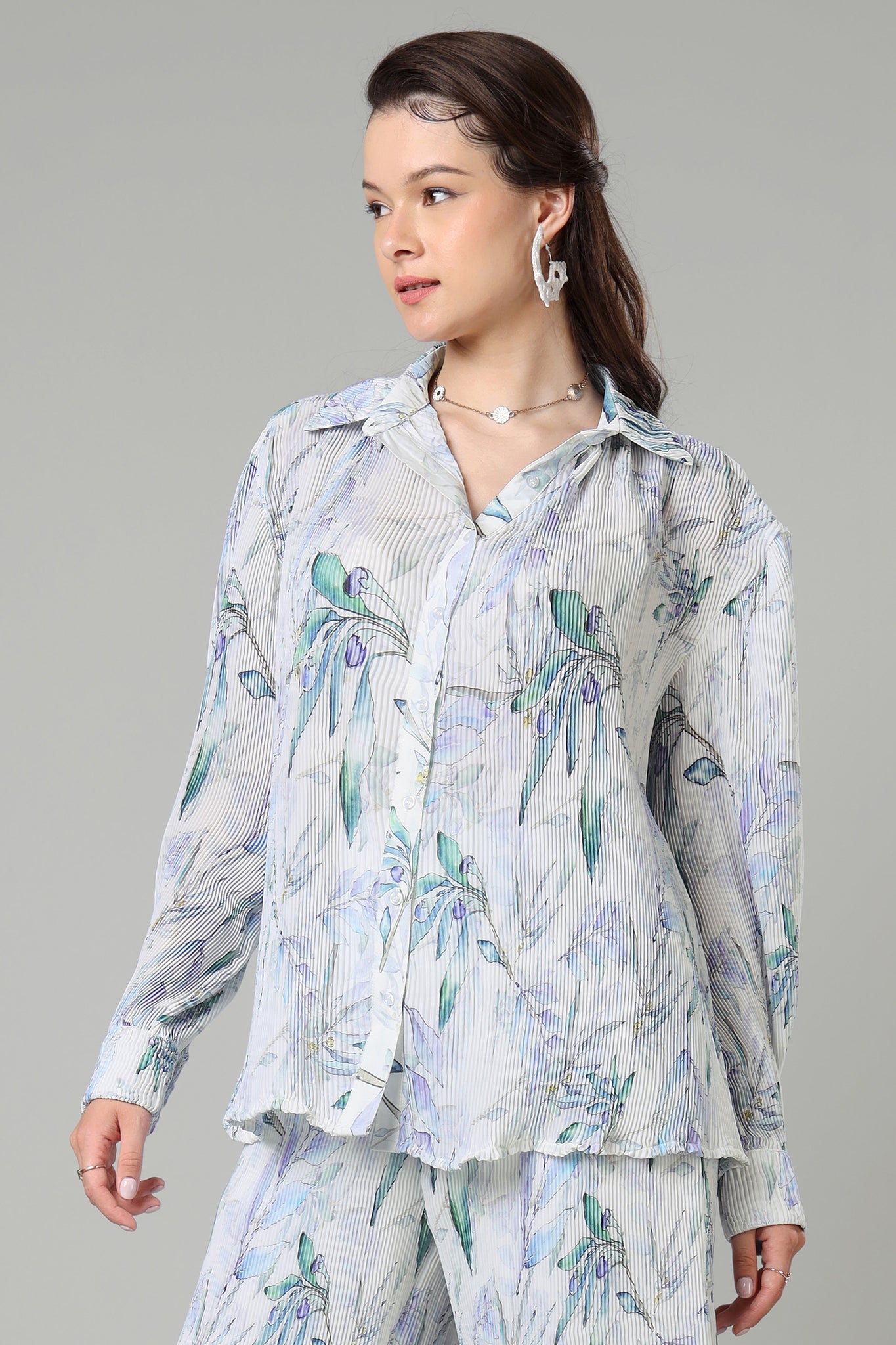 Exclusive Creamy Leafage Pleated Shirt For Women