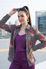 Chevron Black Floral Shirt For Women
