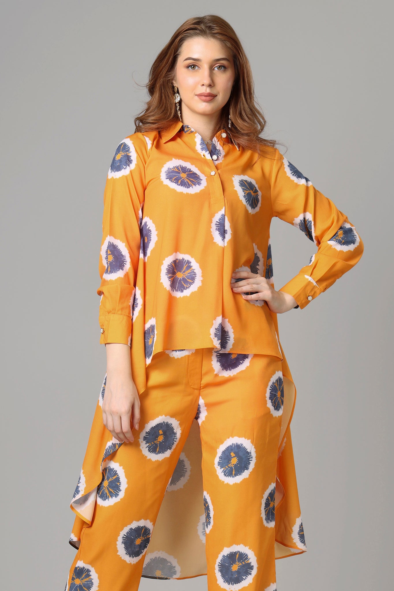 Exclusive Orange Dip Hem Oversized Shirt For Women