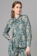 Seamless Paisley Tie-Up Neck Shirt For Women