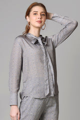 Seamless Floral Tie-Up Neck Shirt For Women