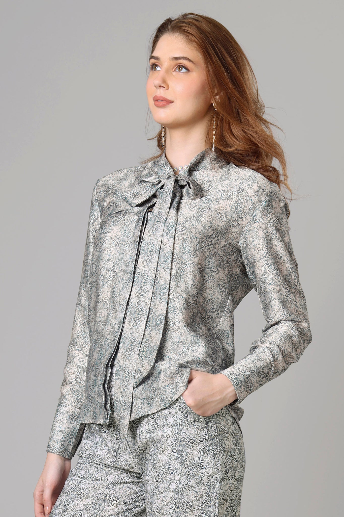 Seamless Paisley Tie-Up Neck Shirt For Women