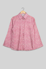 Seamless Pink Floral Bell Sleeve Shirt For Women