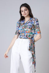 V-Neck Puff Sleeves Ethnic Tie-Up Detail Wrap Top