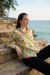 Women Spread Collar Bird Printed Casual Shirt