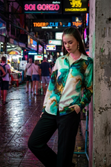 Women Marble Print Spread Collar Shirt