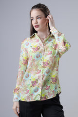 Seamless Floral And Leaf Spread Collar Women's Shirt