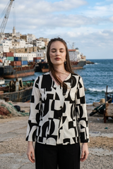 Women Black And White Abstract Overlap Collar Shirt
