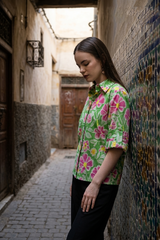 Women Green Floral Roll Up Sleeve Cotton Shirt