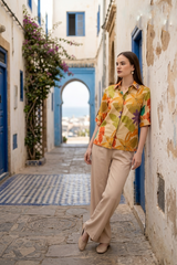 Abstract Beige Floral Roll Up Sleeve Cotton Shirt