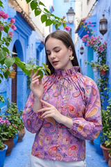 Elegant Paisley Lurex Top With Tie Up Neckline For Women