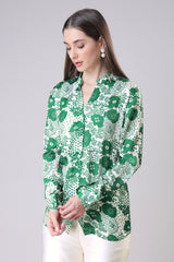 Stylish Green Floral Mandarin Collar Shirt For Women