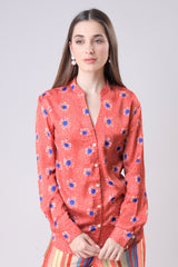 Red Floral Mandarin Collar Shirt For Women