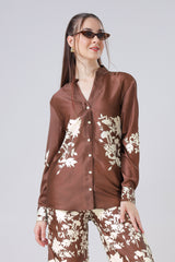 Chocolate Brown Floral Mandarin Collar Shirt For Women