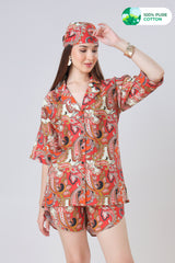 Red Paisley Floral Short Sleeve Cotton Shirt For Women