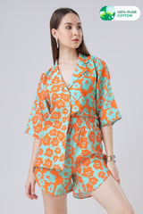 Abstract Floral Short Sleeve Cotton Shirt For Women