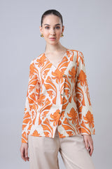 Aqua Floral Front Overlap Top For Women