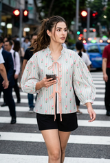 Tie-Up Neck Puff Sleeve Floral Stripe Womens Shirt