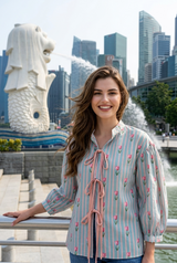 Tie-Up Neck Puff Sleeve Floral Stripe Womens Shirt