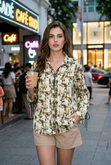 Fashion Animal Chain Print  Tie-Cuff Sleeve Womens Shirt