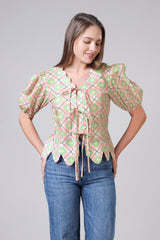 Womens Geometric Tie-Up Top With Puff Sleeves And Scallop Hem
