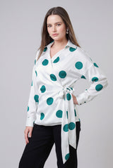 Polka Dot Wrap Tie-Up Waist Womens Shirt